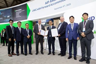 At the AiP handover at Gastech 2025 (from left): Jae Hun Lim, DNV, Sung Ho Shin, DNV, Jung Sik Kim, LISCR, Thomas Klenum, EVP, LISCR, Hongryeul Ryu, CTO of HD HHI, Vidar Dolonen, Regional Manager, DNV, Chul Young Kang, DNV, Tae Kyung Im, LISCR. © DNV