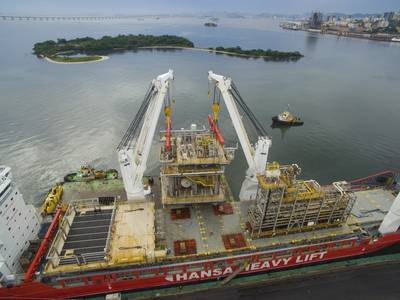 HANSA HEAVY LIFT has transported five pipe racks and three modules, weighing a total of 1,871.51 metric tons and measuring 24,075 m³, for a new FPSO unit off the coast of Brazil (Photo: HANSA HEAVY LIFT)
