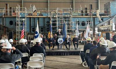 Hanwha Ocean is reportedly moving to build a series of LNG tankers in the U.S. Hanwha recently took over a shipyard in Philadelphia, known now as Hanwha Philly Shipyard. Pictured is a recent ceremony a the shipyard that marked the keel laying of the fifth and final vessel in the National Security Multi-Mission Vessel (NSMV) program. Image courtesy TOTE Services
