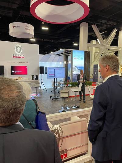 Philippe Vaquer, Cybersecurity Manager at Bureau Veritas Marine & Offshore, presenting CHART by Bureau Veritas at Seatrade Cruise Global 2023. Image courtesy BV