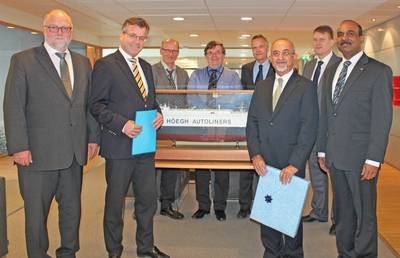 Hoegh Autoliners senior management team with Captain Deepak Honawar, Wallem Singapore Managing Director, Jude Dias, Wallem Europe Safety Manager, and Simon Frank, Wallem Ship Management Commercial Director.