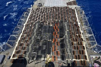 Thousands of illicit weapons interdicted by the guided-missile cruiser USS Monterey (CG 61) from a stateless dhow in international waters of the North Arabian Sea, May 8, 2021. (Photo: U.S. Navy)