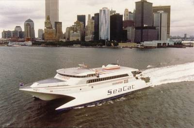 Hoverspeed Great Britain in New York prior to the record-breaking journey (Photo: Incat Tasmania)