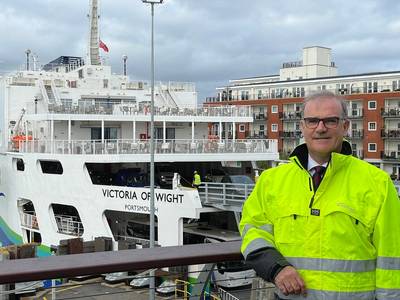 Wightlink chief executive Keith Greenfield with England’s first hybrid energy ferry, Victoria of Wight (Photo: Wightlink)