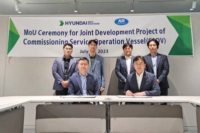 Hyundai Mipo Dockyard Managing Director Jeong I-hyo (left) and Korea Register of Shipping Managing Director Yeon Gyu-jin (right)