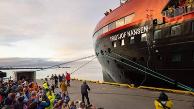 Ice breaks against the hull as battery-hybrid MS Fridtjof Nansen was named in a ceremony at home in Longyearbyen, Svalbard. (Photo: Espen Mills/Hurtigruten Expeditions)