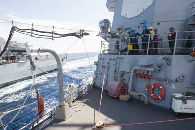 Guided-missile destroyer USS Mason prepares to seat a fuel probe delivered from the Italian oiler ITS Etna during a practice replenishment-at-sea. (U.S. Navy photo by Anderson W. Branch)