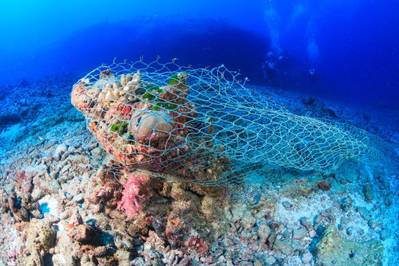Illustration; An abandoned fishing net stuck on a tropical coral reef - Credit: whitcomberd/AdobeStock