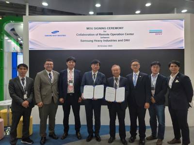 Image caption: Signing ceremony (from left): Ducksoo Kim (SHI), Jaewoo Kim (SHI), Kyungwon Bae (SHI), Hyun Joe Kim (Director Autonomous Research Centre, SHI), Hwa Lyong Lee (Business Development Manager, DNV), Hanwee Low (DNV), Dong Ho Park ( DNV), Seunghyeon Yoo (DNV)