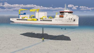 3D image of the next-generation rock installation vessel Jan De Nul ordered, showing the vessel installing rock on top of a subsea energy cable (Credit: Jan De Nul)