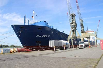 In total, four trucks of LNG were brought to the German port and transferred to Wes Amelie (Photo: Nauticor)