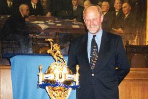 Incat Robert Clifford with the Hales Trophy at a ceremony in London in 1998 following the win by the ship CatLink V. (Photo courtesy Incat)