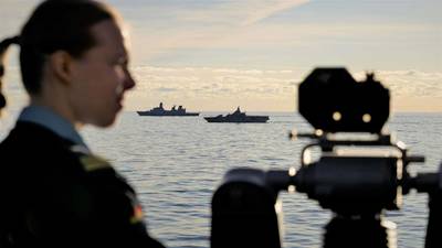 Increased presence on NATO’s northern flank in the Baltic Sea: Danish frigate HDMSHis/Her Danish Majesty's Ship “Peter Willemoes” (left) and Swedish corvette HSwMSHis/Her Swedish Majesty's Ship “Nyköping” during Northern Coasts 2023, seen from German frigate FGSFederal German Ship “Hamburg” (Photo: © Bundeswehr / Leon Rodewald)