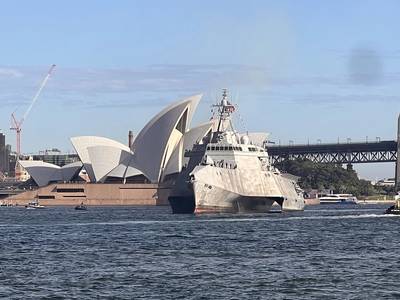 The Independence variant littoral combat ship USS Canberra (LCS 30) arrives in Sydney, Australia July 18, 2023. The ship was commissioned July 22 in Sydney. (Photo: Julie Ann Ripley / U.S. Navy)