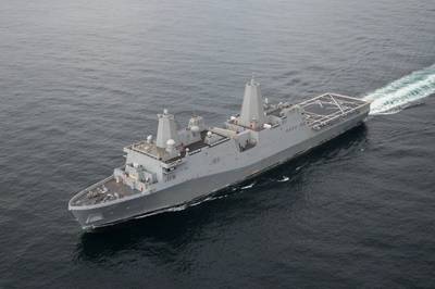Ingalls Shipbuilding’s 10th amphibious transport dock John P. Murtha (LPD 26) sails the Gulf of Mexico for Builder’s Trial. (Photo by Lance Davis/HII)