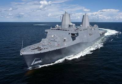 The Ingalls-built amphibious transport dock Somerset (LPD 25) sails through the Gulf of Mexico during builder's sea trials. (Photo: Steve Blount)