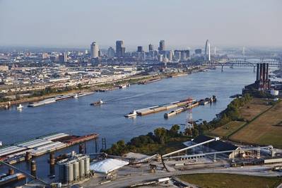 Inland waterways with St. louis in the background. (Credit: St. Louis Regional Freightway)