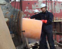 Installing Thordon's seawater lubricated propeller shaft bearing replacing metal bearing and oil