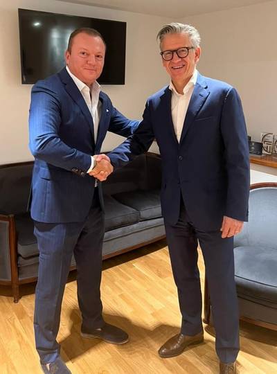 Ioakeim Tsanis, CEO of Hellenic Radio Services and Erik Ceuppens, CEO Marlink Group, shake hands on Marlink's acquisition of the satellite communications business of Hellenic Radio Services. - Credit: Marlink