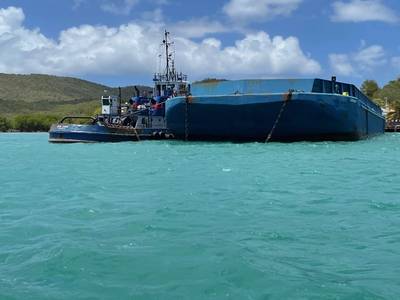 The tug boat Don Jaime and the deck barge Marilin H at the Ensenada Honda docking pier in Culebra, Puerto Rico on April 21, 2021. (Photo: U.S. Coast Guard)