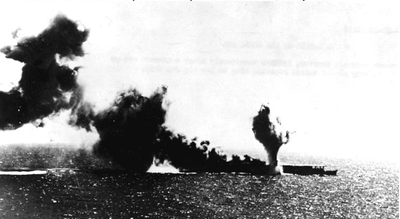 Japanese aircraft carrier Shoho is torpedoed, during attacks by U.S. Navy carrier aircraft in the late morning of 7 May 1942. Photographed from a USS Lexington (CV-2) plane. Official U.S. Navy Photograph, National Archives