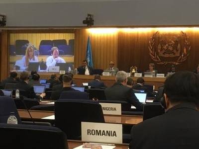 John Bradshaw, IMCA’s Policy and Regulatory Affairs Manager, and Eleni Antoniadou IMCA’s Policy and Regulatory Affairs Adviser appear on a screen at the IMO Sub-Committee on Human Element, Training and Watchkekeping (HTW4) (Photo: IMCA)