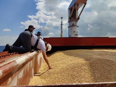 The Joint Coordination Centre officials perform an inspection aboard Sierra Leone-flagged cargo ship Razoni, carrying Ukrainian grain, in the Black Sea off Kilyos, near Istanbul, Turkey. (Photo; Turkish Defense Ministry)