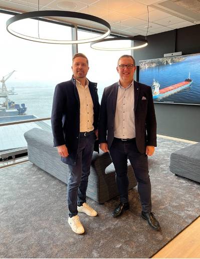 Jostein Bjørgo (right), Commercial Director at Wilson and Seaber’s CEO and Co-founder Sebastian Sjöberg both believe the cooperation will advance the digitalisation of Wilson’s fleet scheduling, helping improve the efficiency as well as reducing costs and emissions.  
