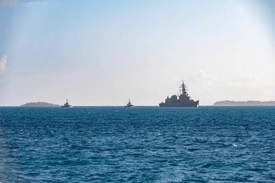 JS Sazanami (DD-113) arrives in Diego Garcia during a scheduled port visit July 17, 2024. (U.S. Navy photo by Mass Communication Specialist Seaman Jordan Steis)