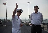 (July 12, 2013) Capt. Timothy Wilke, commanding officer of the littoral combat ship USS Freedom (LCS 1), explains the ship's systems and capabilities to Deputy Prime Minister of Singapore Mr. Teo Chee Hean during his visit to the ship. Freedom is in Singapore as part of an overseas deployment to Southeast Asia. (U.S. Navy photo by Mass Communication Specialist 3rd Class Karolina A. Oseguera/Released)