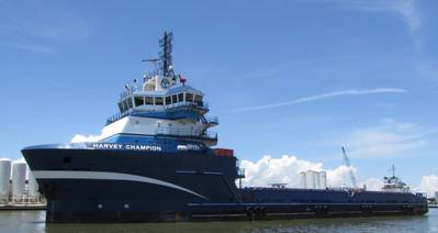 Just five out of the 1,664 OSVs operate on clean fuel technology in the U.S., and all of them are owned and operated by Harvey Gulf International Marine. Harvey Gulf’s ‘green fleet’ utilizes LNG and Bio-LNG as the main fuel sources. Pictured is Harvey Champion with Corvus Orca energy storage system. Image courtesy Harvey Gulf