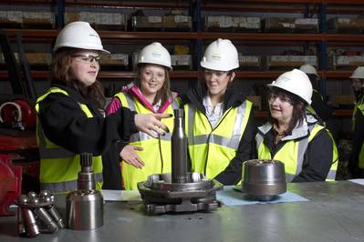 Katy Crawford from Sparrows with Mintlaw Academy pupils Abby Thompson, Rebecca Tosh and course co-ordinator Heather Sim as part of the Girls into Energy program.