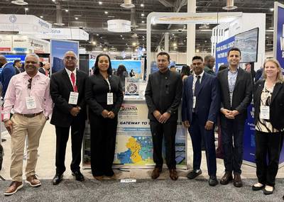 From left: Kishan Ramoutar, ISS Marine Services Manager, Trinidad, Guyana & Suriname, Manniram Prashad, Chairman of GOGEC, Kerensa Bart, Co-Founder & President of Symmetry Group, Dr Peter Ramsaroop, Chief Investment Officer, GO-INVEST, Tekram Singh, Partner Symmetry, Daniel Rizkalla, ISS Commercial Manager - Americas and Ashley Zelesnikar, ISS Sales Manager. Credit: Inchcape Shipping Services