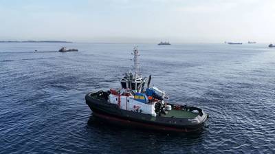 Known as KOCAÇAY IX while under construction in Turkiye, the tug has been renamed Pellegron by its new owners and will operate in the Arabian Gulf.  Image courtesy Sanmar