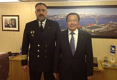 Koji Sekimizu & Captain D. Lobusov of 50 Let Pobedy: Photo credit  IMO