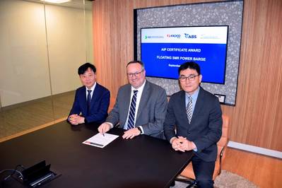 L to R: Dr. Young Tae Moon, Senior Director of Sustainable Growth Department, Nuclear PE, KEPCO E&amp;C; Patrick Ryan, ABS Senior Vice President and Chief Technology Officer; and Dr. Sang Min Park, Research Director of Marine Energy Technology Lab, HD KSOE. Photo courtesy ABS