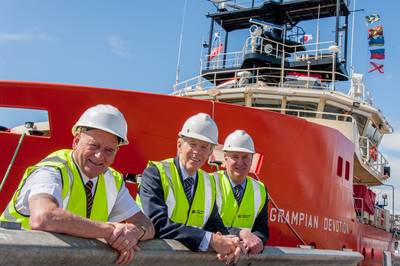 L to R: Grampian Devotion Master, Malcolm Trott, with Craig Group chairman and managing director, Douglas Craig, and North Star Shipping managing director, Callum Bruce.
