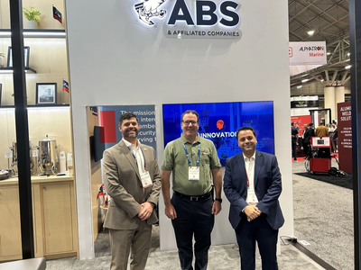 (L to R): Keegan Plaskon, ABS Director, Business Development; Buckley McAllister, Chairman and CEO of McAllister Towing; and Stergios Stamopoulos, ABS Manager, Sustainability; at the 2023 International WorkBoat Show in New Orleans.