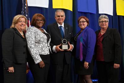 L to R: WTS President & CEO Marcia Ferranto, Transportation YOU student Sabrina Gantt, Ray LaHood, Deputy Transportation Secretary for the NYS Governor's Office Karen Rae, WTS Chair, Dana Hook, P.E.