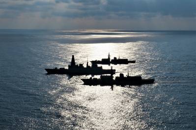 HMS Lancaster (background), HMS Dragon (middle) and HMS Argyll (foreground) partaking in Exercise Formidable Shield 2021 (Photo: Royal Navy)
