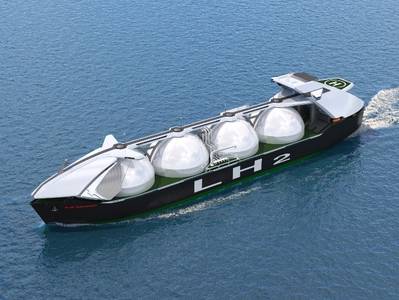 Large liquefied hydrogen carrier (cargo carrying capacity: 40,000 m3 x 4 tanks): Courtesy of Kawasaki