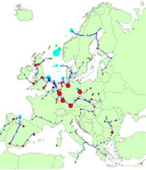 Large-scale deployment of CCS will require the construction of a trans-European CO2 pipeline network. Oversized pipelines are shown in red, pipelines operating at full capacity in blue
