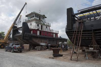 The latest Leboeuf towboat sits between two sisters at the Intracoastal Ironworks yard (photo: Alan Haig-Brown)