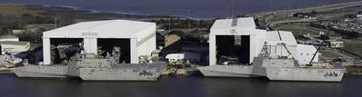 LCS vessels, hulls 4 & 5, alongside at Austal's U.S. manufacturing facility. (CREDIT: Austal)