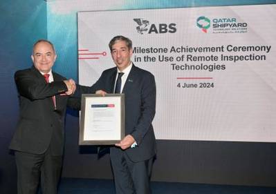 Left to right: Dr. Chris Leontopoulos, ABS Vice President, Technology, Europe and Georgios Moutzourogeorgos, Qatar Shipyard Technology Solutions, Chief Commercial and Business Development Officer. (Photo: ABS)