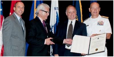 left to right: James Caponiti, assistant administrator, Maritime Administration; Daniel B. Branch, Jr., Navy League national president; Crowley; and Buzby. Photo courtesy Crowley Maritime