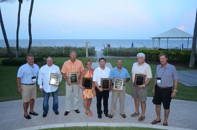 Left to right: Jimmy Burgin, AEU; Pat O’Driscoll, Levin Enterprises, Inc.; Randy Rader, RBT Welders, LLC; Nichole DeGidio, 1st Flagship, Inc.; Simon Lee, Keppel AmFELS LLC; Gus Cagigas, Diversified Port Holdings, LLC; Steve White, McGriff Seibels & Williams, broker for Linea Peninsular, Inc.; and Mike Lapeyrouse, AEU