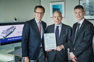 Left to right: Knut Ørbeck-Nilssen, CEO of DNV Maritime; Philippe Berterottière, Chairman and CEO of GTT; and Kristian Knaapi, Sales Manager of Deltamarin (Photo: GTT)
