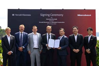 (left to right): Petter Markussen (Head of Performance, Risk and Finance), Gøran Andreasen (Chief Strategic Investment Officer), Michael Jørgensen (Head of Dry Bulk), Ernst Meyer (President and CEO), Toru Okazaki (Chief Operating Officer, Aerospace & Ship Division) Yuta Saka (General Manager Business Development, Ship Dept.), Masashi Kobayashi (Business Investment - Ship Dept.