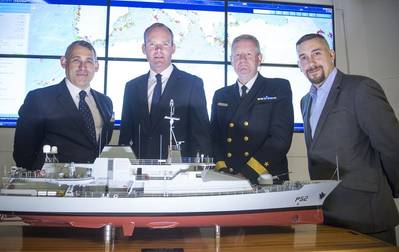 Left to right: Rory Fitzpatrick, ceo, National Space Center; Simon Coveney TD, Minister of Defense, Agriculture, Food and the Marine; Commodore Hugh Tully, Flag Officer Commanding Naval Service and John Makarus, operations director, Voyager IP at the launch of the new satellite service (Photo: Voyager IP)